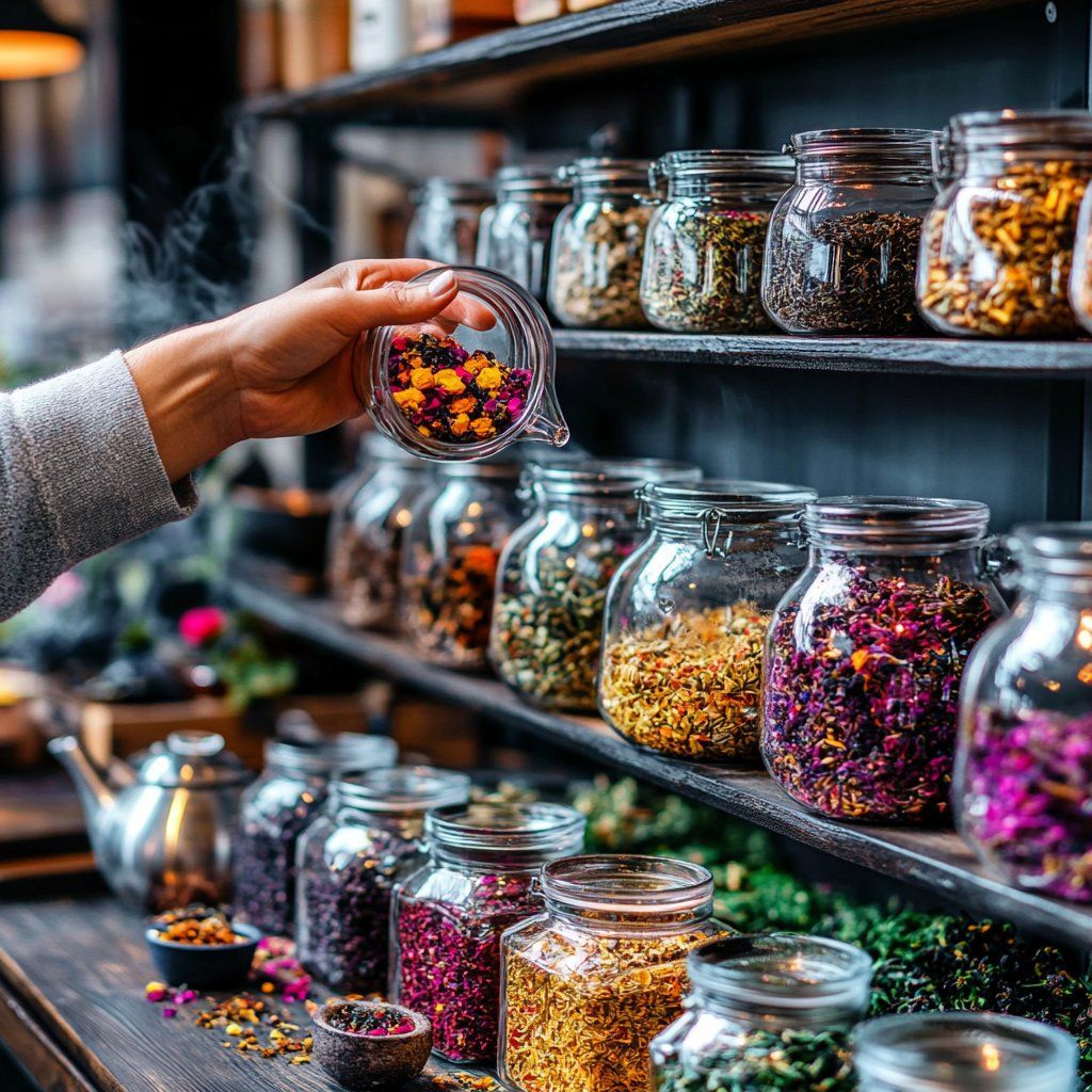 Glass jars containing labeled dried herbs stored in a cool pantry environment